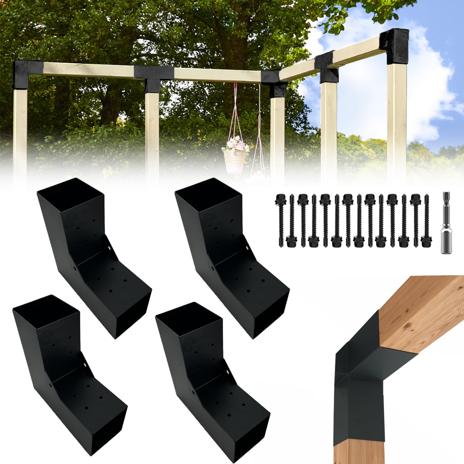 ITeVe.GD Pergola DIY Bracket Kits,2-Way L Shaped Corner Brackets for 4" x 4"(Actual:3.5" x 3.5") Lumber for Outdoor Pergola,Proch,Log Cabin W/Hardware