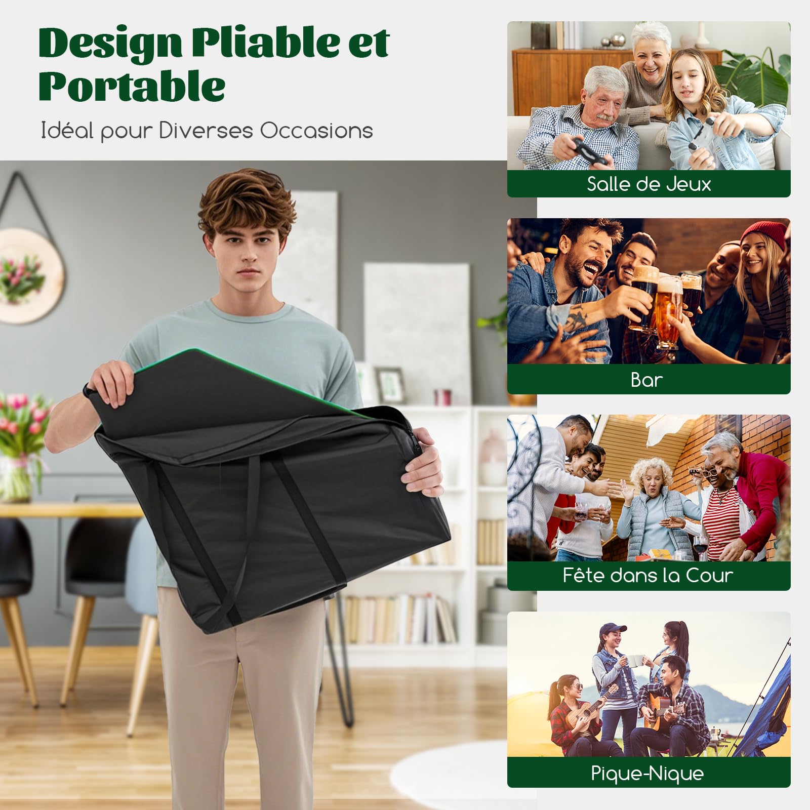 COSTWAY Plateau de Poker Pliable 120x120cm Octogonal pour 8 Joueurs, Tapis de Table de Poker avec Porte-Gobelets & Plateaux à Jetons, Sac de Transport, Support de Poker pour Casino