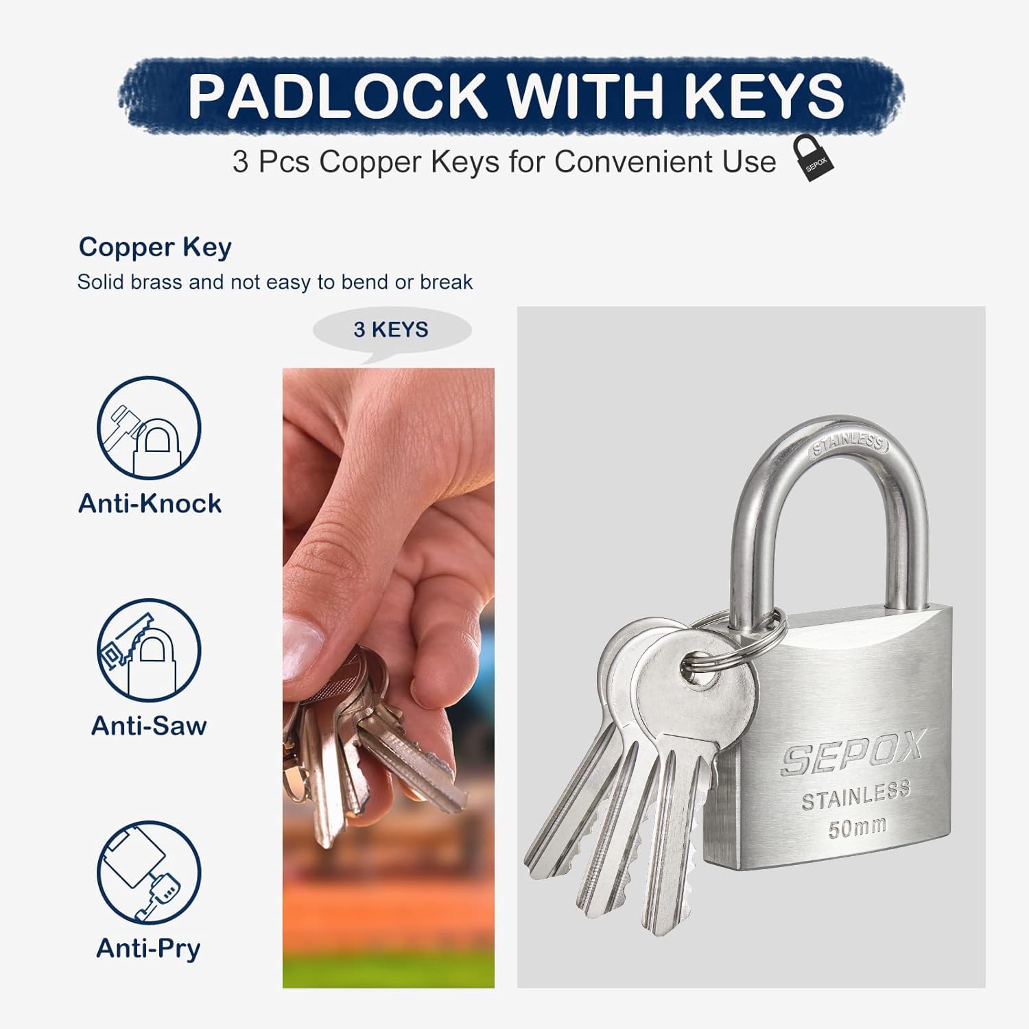SEPOX Outdoor Padlock with Key Stainless Steel Lock Body and Shackle Waterproof Keyed Pad Lock Heavy Duty Padlock and Key Weatherproof for Gate Chain Shed Boat Marine (50mm*2pcs SS304) - Image 2