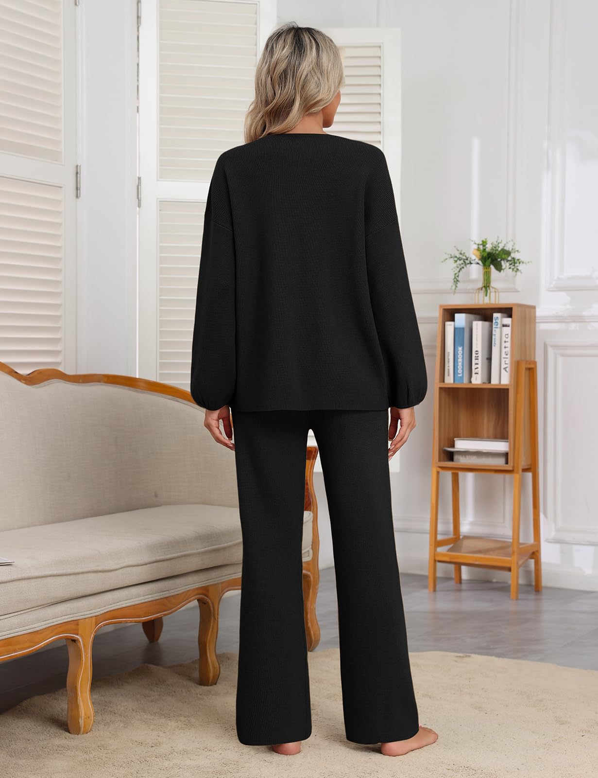 CMTOP Tuta Donna Elegante Completo 2 Pezzi Pigiama Invernale Autunno Casa Scollo a V Tailleur in Maglia Maniche Lunghe Pullover Top Elastico Vita Pantaloni a Gamba Larga Set Sportive