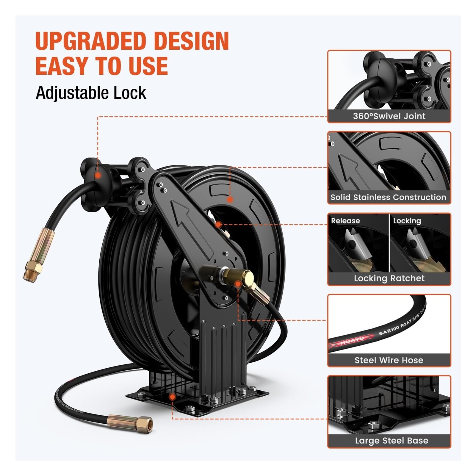Enrouleur De Tuyau Rétractable For Nettoyeur Haute Pression, 50 Pi X 3/8 Po, En Acier Robuste, Double Bras, 300 Psi,Résultats Fiables