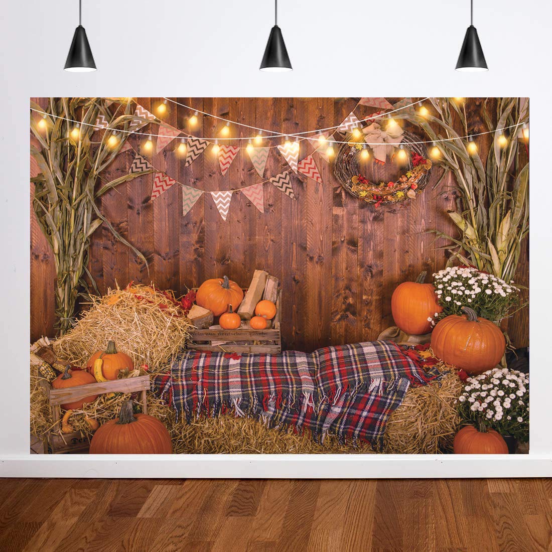 Dudaacvt 7x5ft Fall Thanksgiving Photography Backdrop Rustic Wooden Floor Barn Harvest Background Autumn Pumpkins Maple Leaves Sunflower Baby Portrait Party Decoration Photo Studio Booth Props D231