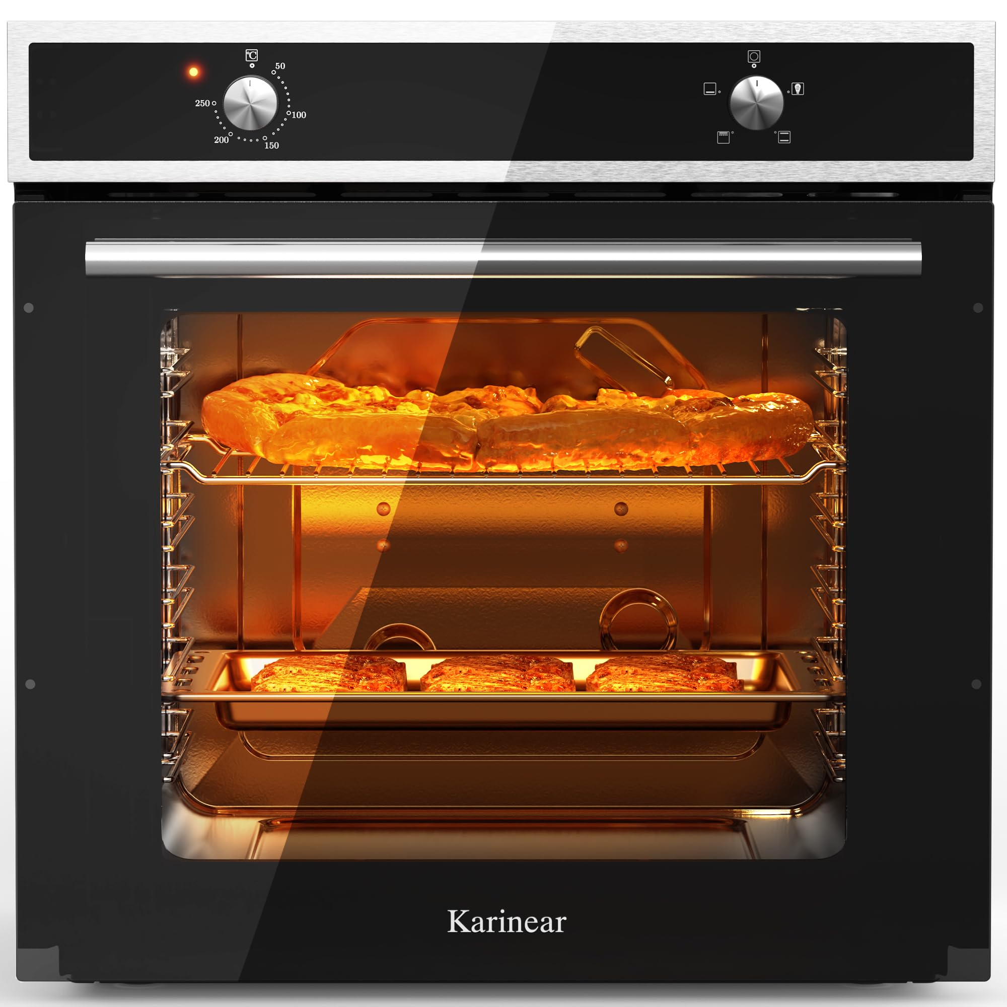 Karinear Einbaubackofen 60 cm 65L mit Stecker, 4 Programme, 2200W, Schwarz | 65L Einbaubackofen mit 4 Programme, Backofen 230v für Steckdose, 2200W , 50–250°C Temperatur und einfache Drehknopfsteuerung