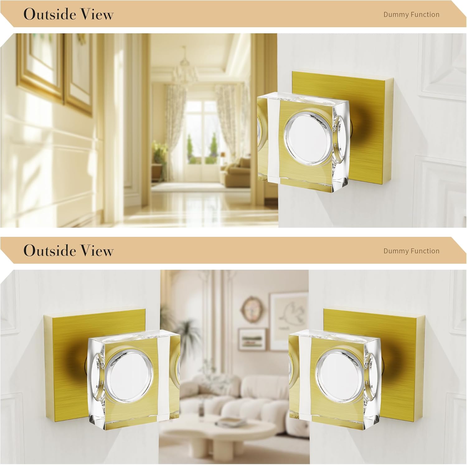 coolnews 4 Pack Antique Brass Dummy Door Knob Crystal Door Knobs Interior, Square Antique Door Knob Glass Door Handle for Hall Pantry Closet
