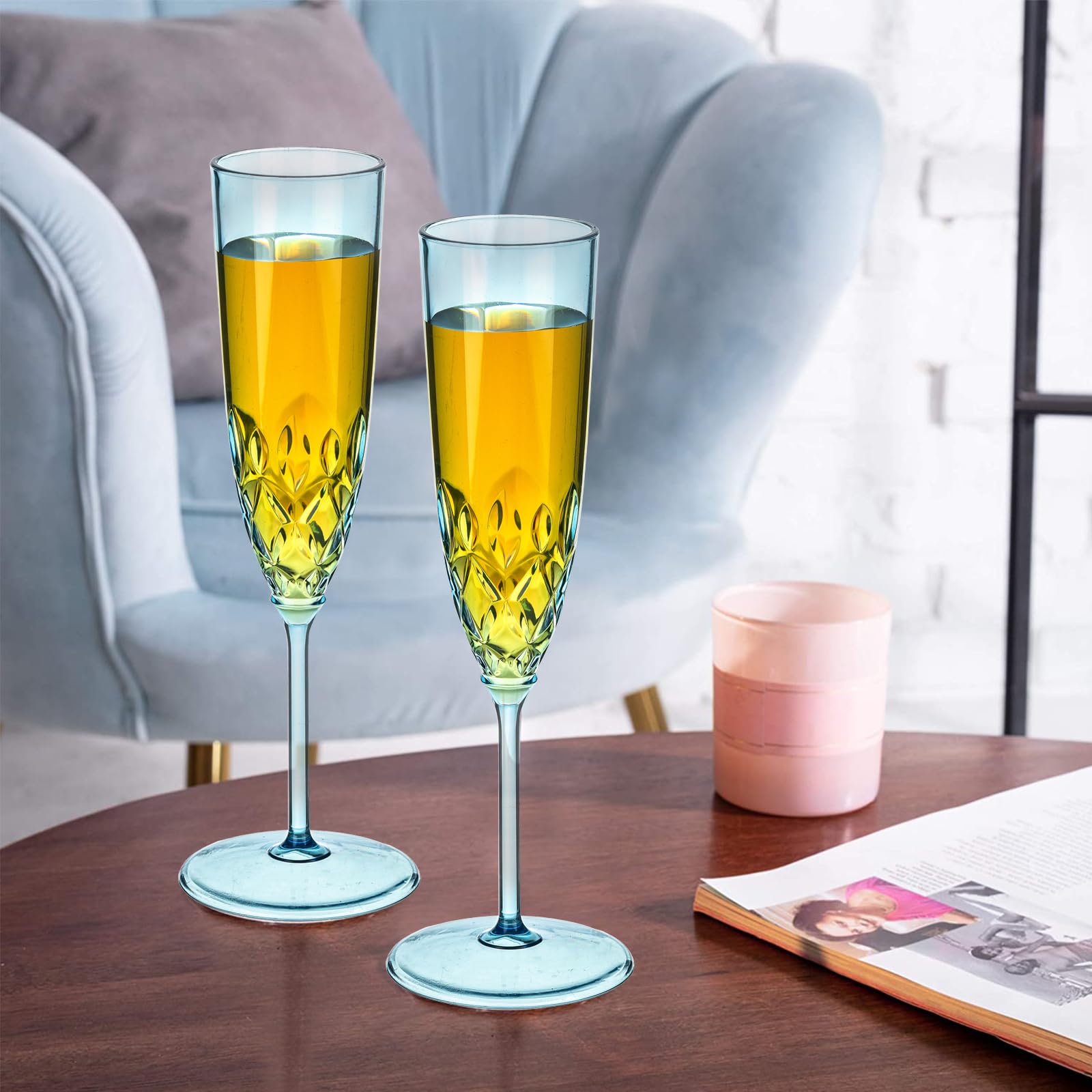 Paquete de 48 copas de champán de plástico, irrompibles, reutilizables, transparentes, de acrílico, irrompibles, elegantes, para fiestas, cócteles, bodas, cumpleaños, bares, color azul
