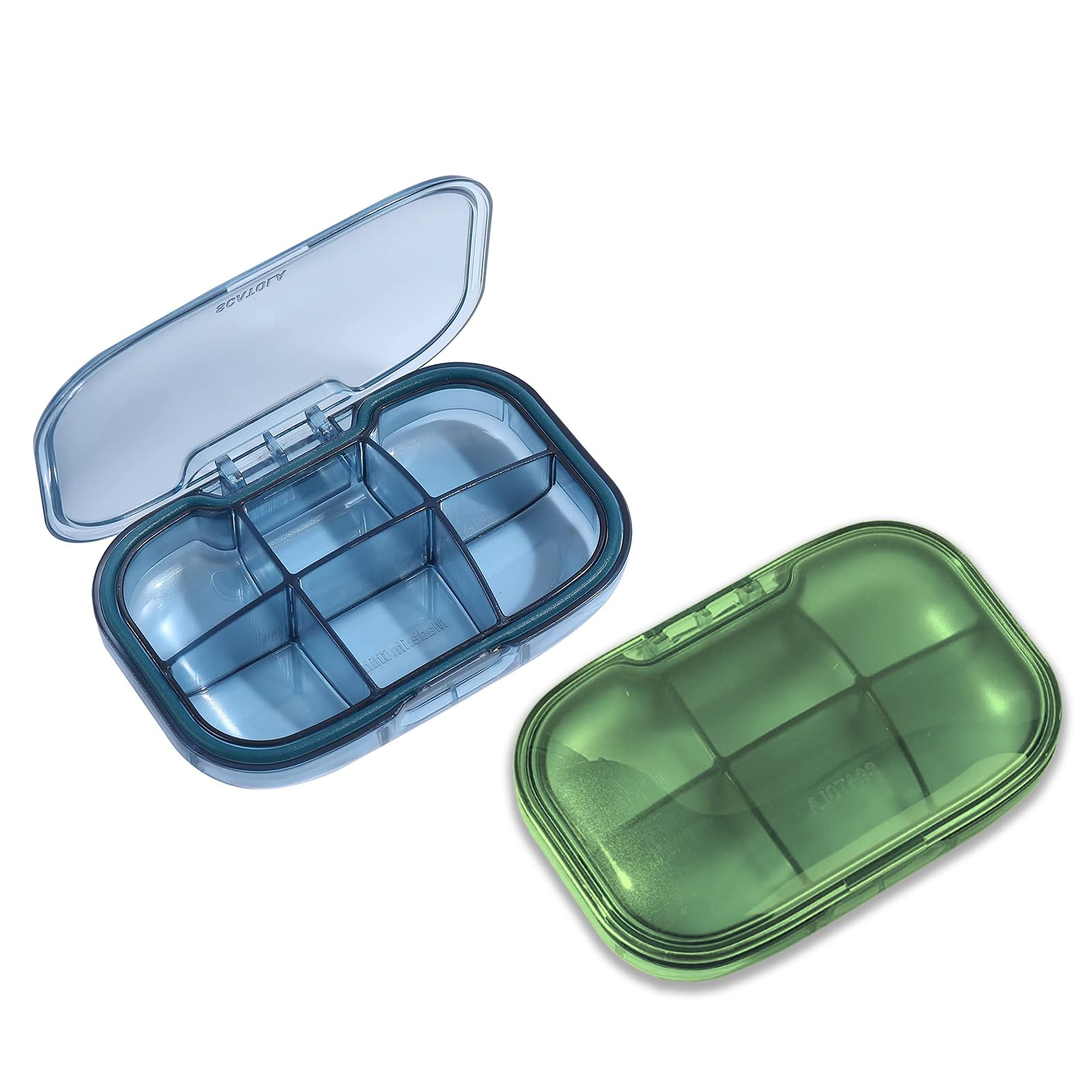 2 Park 6 Compartment Pill Box, Moisture Proof Pill Case, Travel Pill Organizer for Pocket Purse, Daily Portable Medicine Vitamin Box, Fish Oil Box, Supplement Box (Blue & Green)