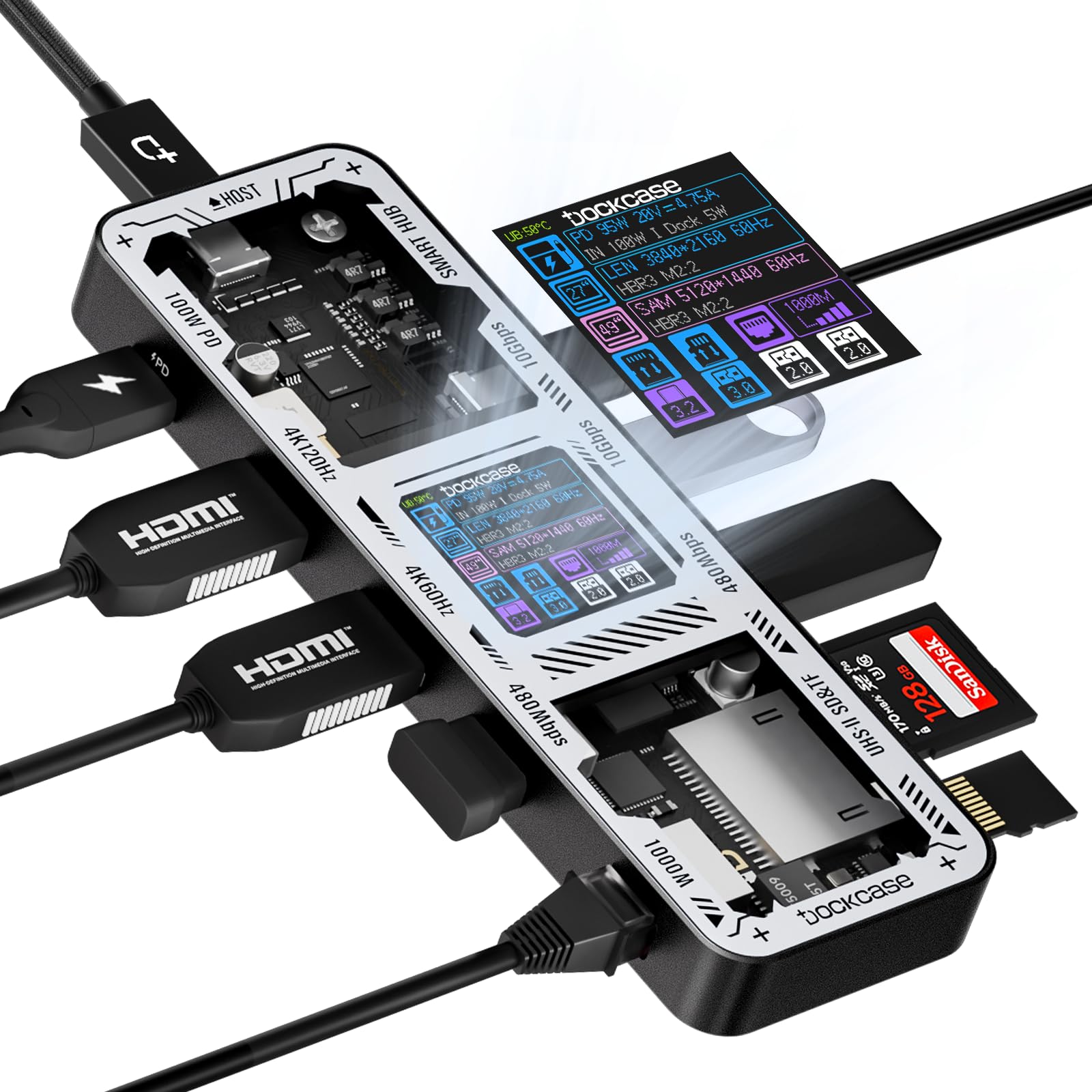 DOCKCASE Smart Hub USB C Docking Station 10 in 1, Doppi HDMI 2.1 e 2.0 4K@60Hz, PD 3.0 100W, Ethernet RJ45, 2*USB 3.2（10Gbps）/2.0, Lettore di Schede UHS-II SD/TF,Dock USB-C per MacBook Pro/Air