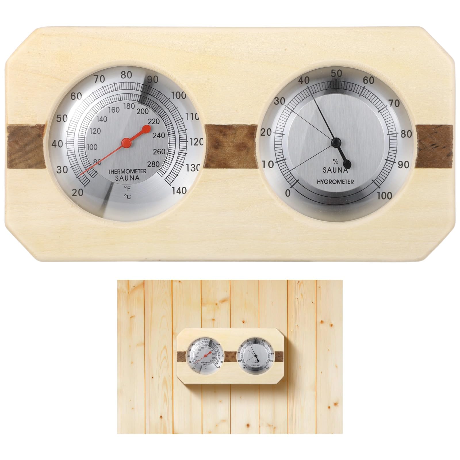 Termometr do sauny WJ-10C ze wskaźnikiem Fahrenheita, podwójna skala, termometr-higrometr z drewnianą podstawą do kontroli temperatury i wilgotności powietrza, stabilna metalowa rama