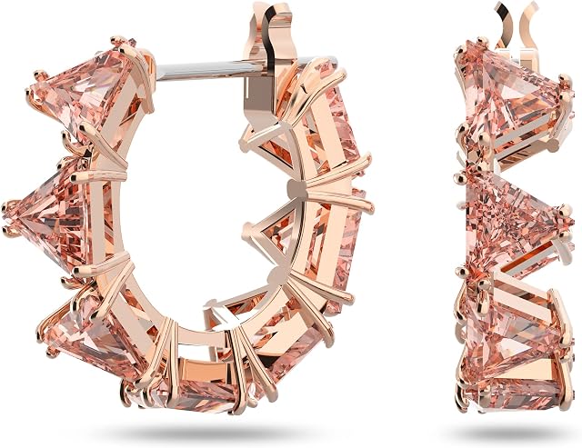 Swarovski Small Hoop Earrings, Pink Triangle Cut Crystal Earrings in a Rose Gold Tone Plated Setting, from the Ortyx Collection