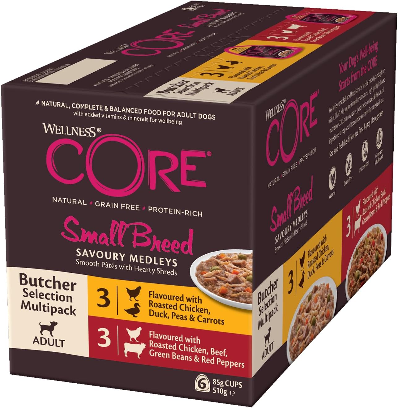 Wellness CORE Savoury Medleys 6 x 85g, Chicken, Duck & Beef Mix – Wet Dog Food for Small Breeds, Grain-Free, Natural, Hypoallergenic, Protein-Rich, High Meat Content