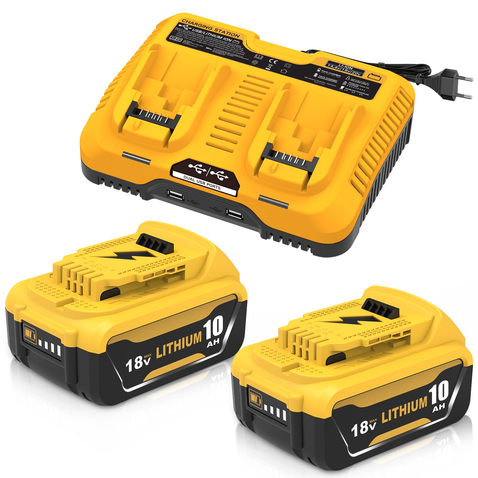 2Stück 5000mAh Ersatz für Dewalt Akku 18V + 1Stück 3A DCB107 für Dewalt 10,8~20V Akkuladegerät mit LED-Anzeige