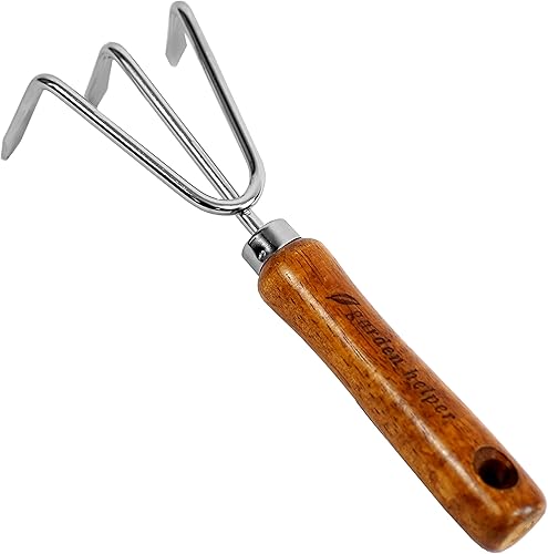 Miniatura 5 de Herramienta de jardín de acero japonés resistente con mango de madera, rastrillo manual pequeño para deshierbe, excavar, cultivar, 3 garras,