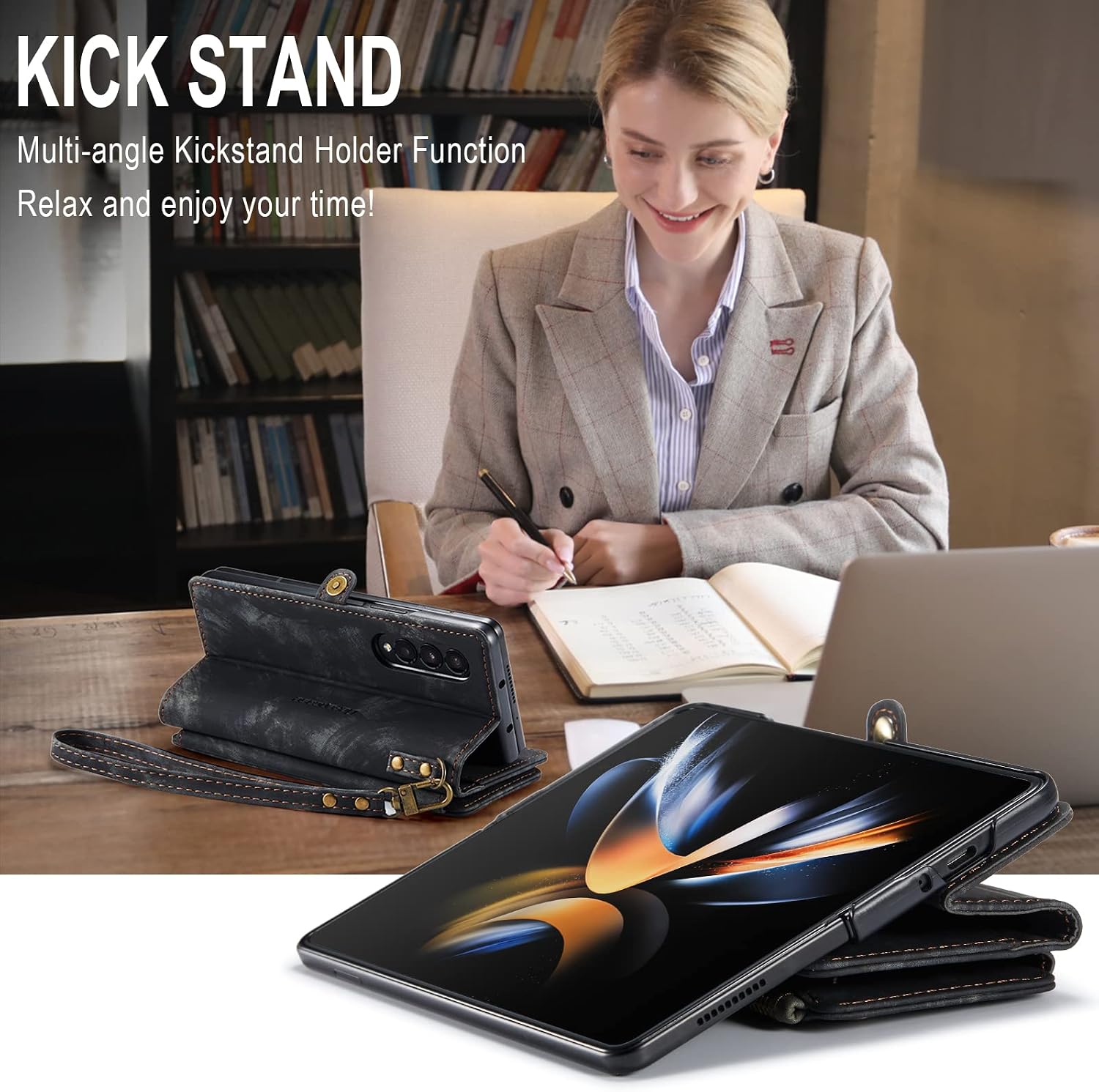 Defencase Galaxy Z fold 4 Case, Z fold 4 Case Wallet for Women and Men, Durable PU Leather Magnetic Wallet Flip Lanyard Strap Wristlet Zipper Card Holder Phone Case for Samsung Galaxy Z fold 4, Black