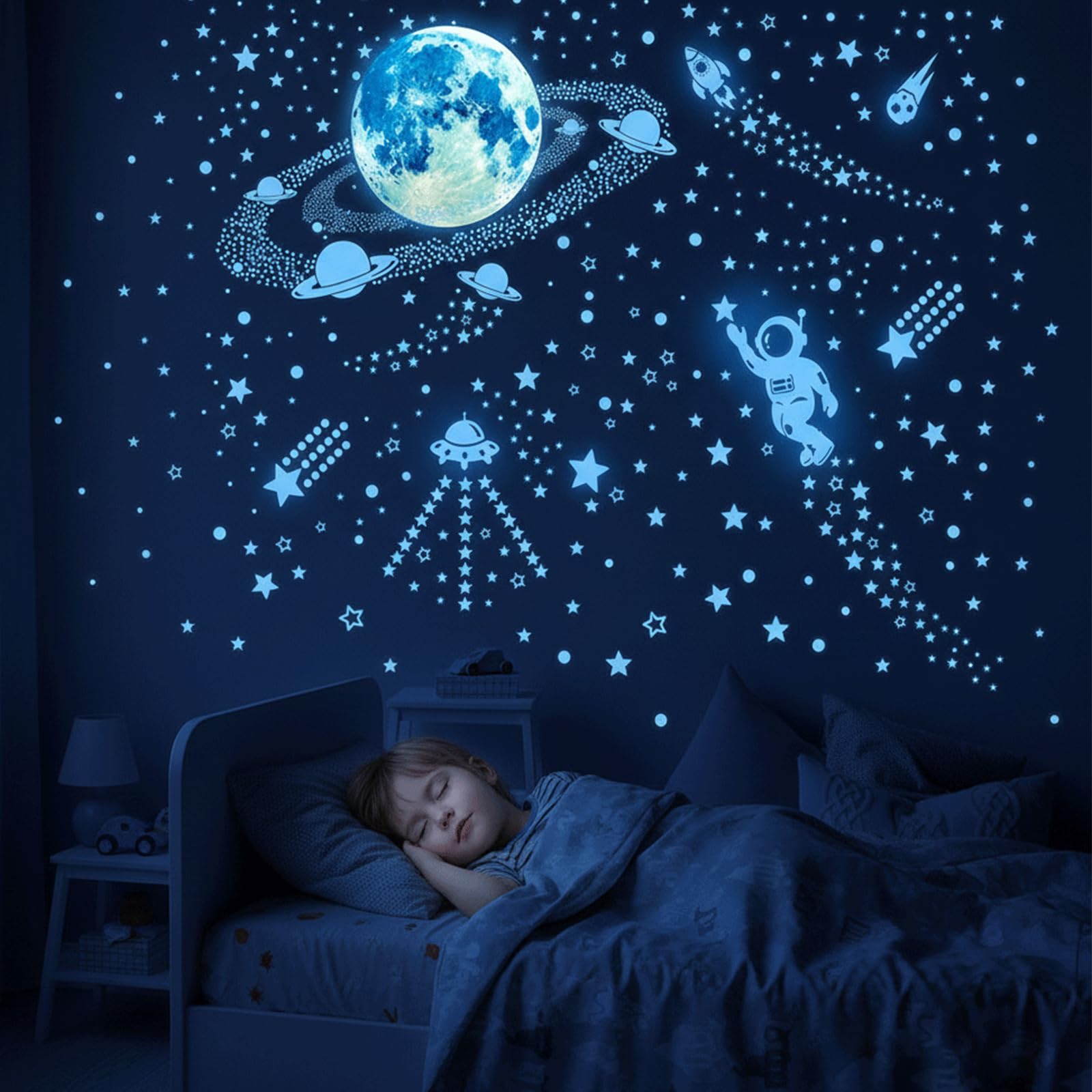 Glow in The Dark Stickers 1199pcs - Luminous Stars, Moon, Rocket 、 Planets Wall, Blue, Extra Large