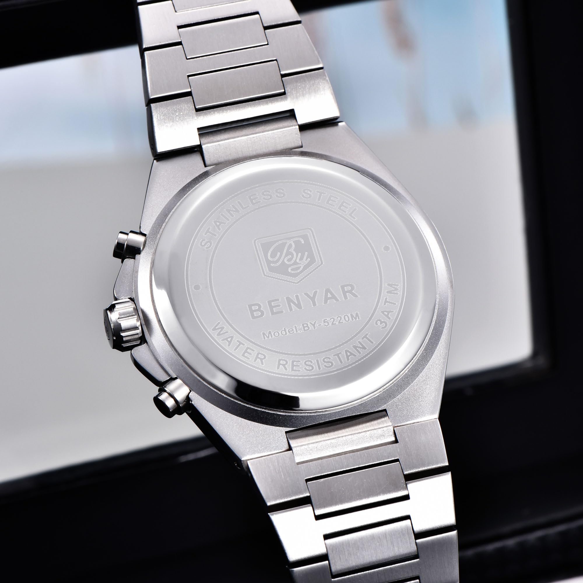 BENYAR BY-5220m - Orologio da polso da uomo, cronografo da uomo, con fasi lunari, impermeabile, 40 mm, in acciaio inox, analogico, al quarzo