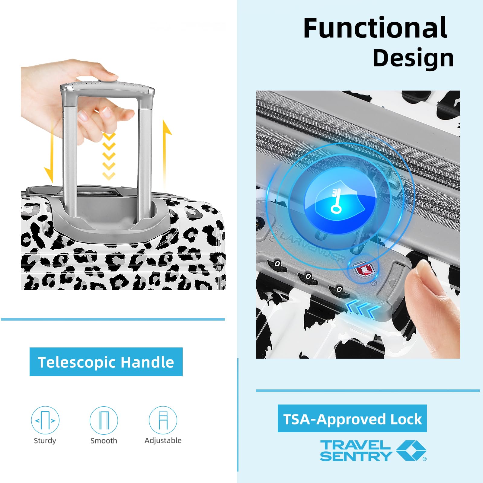 LARVENDER Luggage Sets 3 Piece, Hardside 20 IN Carry on Luggage Airline Approved PC+ABS Suitcase Set with Spinner Wheels TSA Lock, Lightweight Rolling Suitcase for Men and Women, Cheetah Print