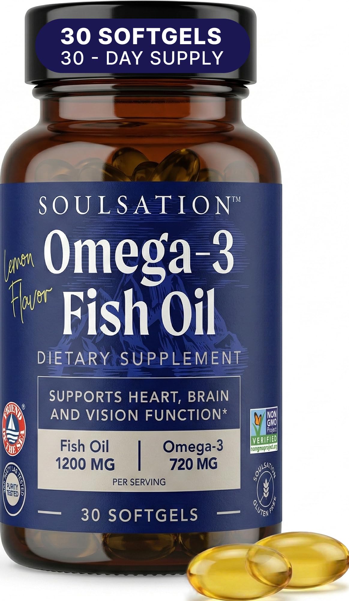 SOULSATION Fish Oil Softgels, Natural Lemon Flavor - 1200mg - Omega-3 Fatty Acids (EPA & DHA) Supports Heart, Brain, and Vision Function, Non-GMO, Gluten-Free - 30 Softgels for A 30-Day Supply Pack of 30