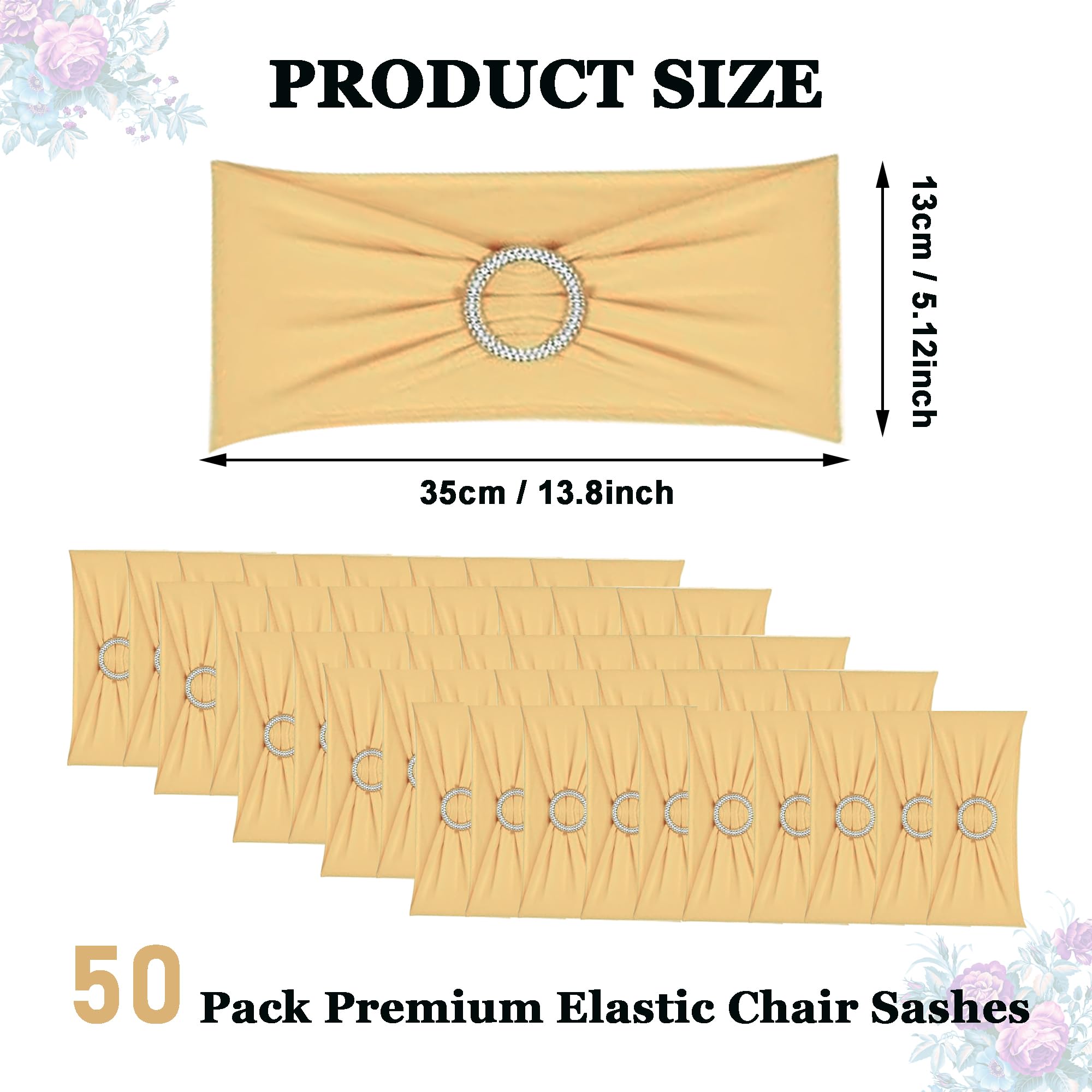 Lot de 50 Écharpes De Chaise Élastiques avec Boucle Ronde - Housse de Chaise et Ceinture Extensible Décoration pour Mariage, Banquet, Fête, Réception, Fête d'anniversaire (Champagne Or)