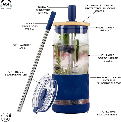 Miniatura 2 de Vasos de vidrio con tapas y popotes, 20 onzas líquidas, taza de café helado, taza de batido con tapa de bambú y tapa sobre la marcha (azul