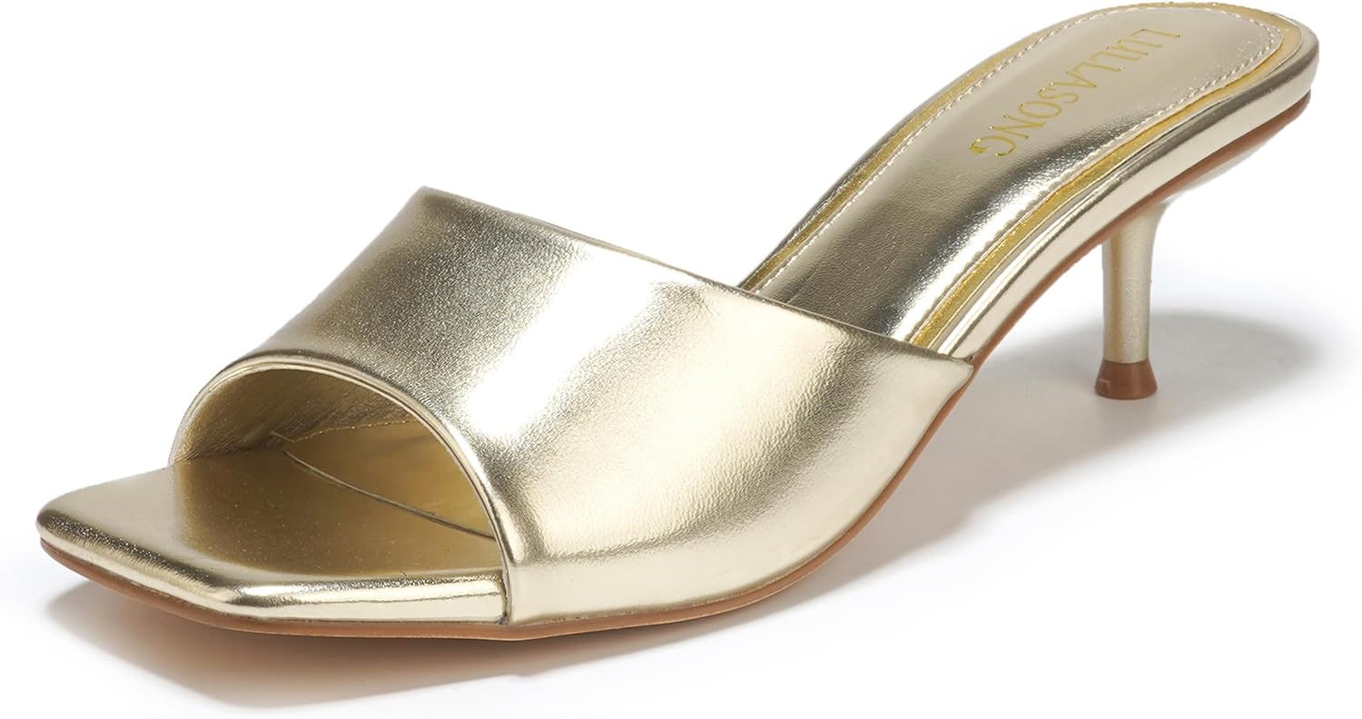 LULLASONG Women's Kitten Heels Sandals Low Heels Slip On Slides 2 Inch Heeled Square Open Toe Sandals for Women