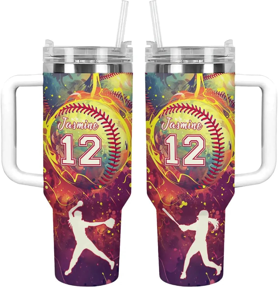 Custom Softball Tumbler With Handle - Insulated 40Oz Cup For Sports Fans - Personalized Gift For Softball Players, Coaches, Teams - Ideal Softball Themed Present For Athletes And Enthusias