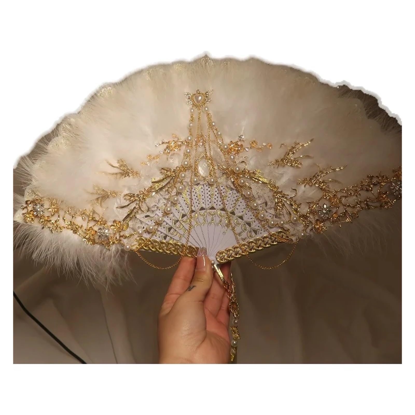 Wentylator składany Wachlarz z piór Taniec Qipao Spacer Pokaz Składany wentylator Retro Retro Hanfu Wróżka Koronka Dekoracja Ornament Wachlarz Piór Składany Wachlarz Ręczny(White)