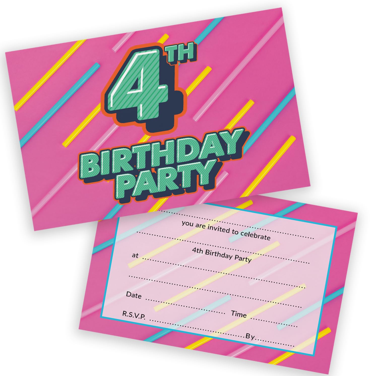 4th Birthday Party Invitations Kids - Funky Colours 20 Pack - Childrens Birthday Invitations for Boys/Girls A6 Bday Party Invites Invitation Cards with Folding Envelopes