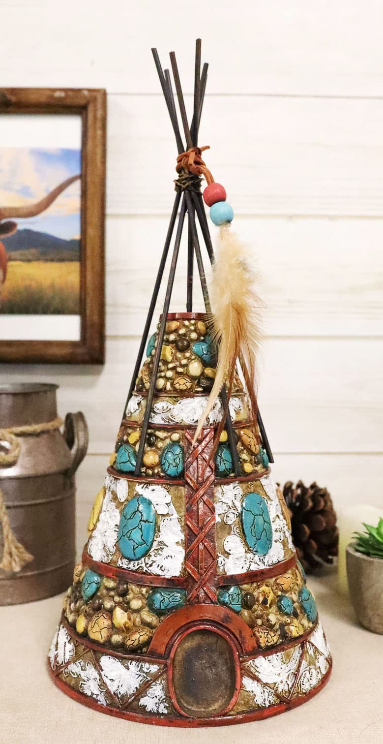 Ebros 34,3 cm große, rustikale indische Tipi-Hütte mit Traumfänger-Federn, Perlen und türkisfarbenen Steinen, Figur Wildtiere, Westerndekoration