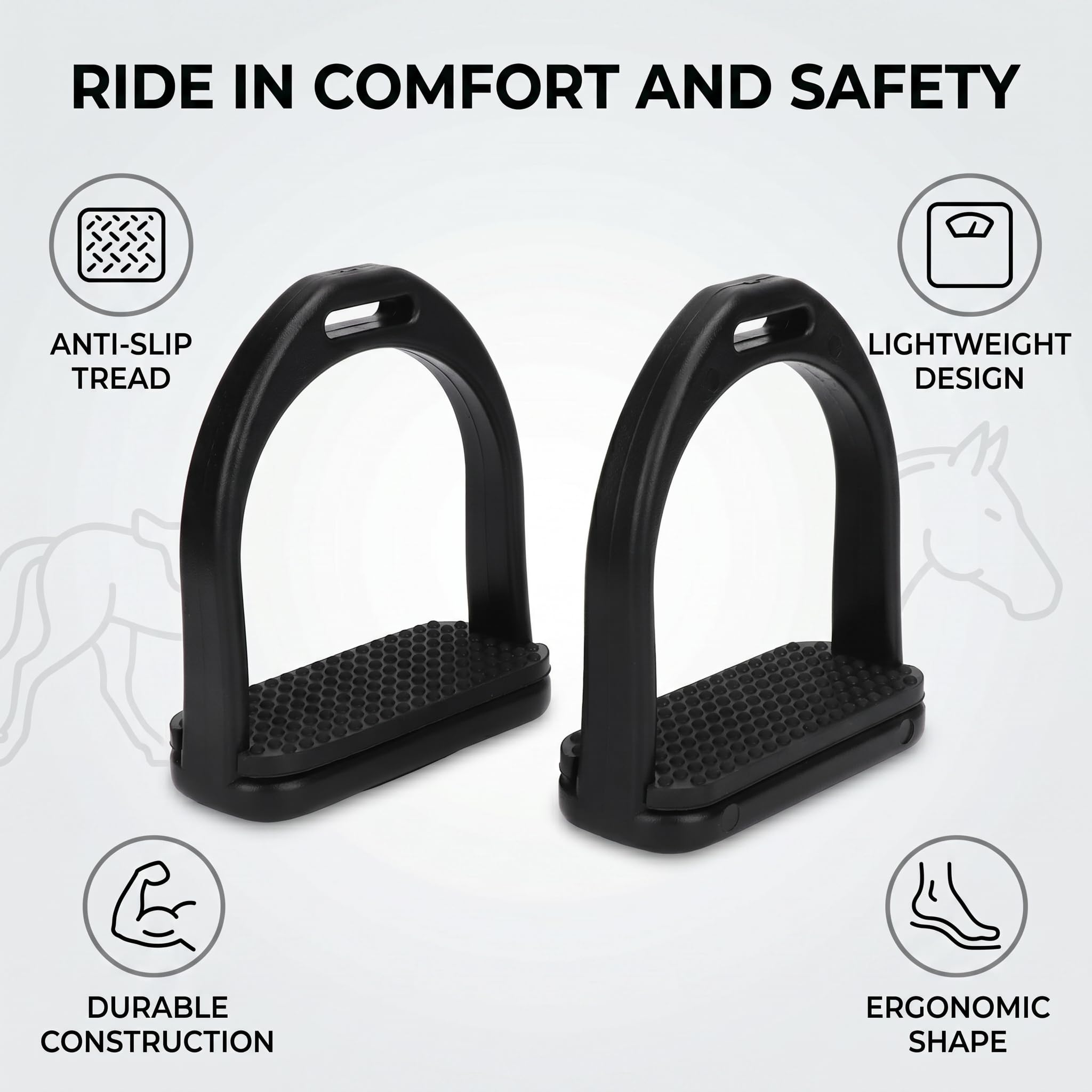 Estribo para el deporte ecuestre Compositi Reflex Luz reflectante con perfil ancho para el sillín Barra de seguridad con almohadillas de goma antideslizantes