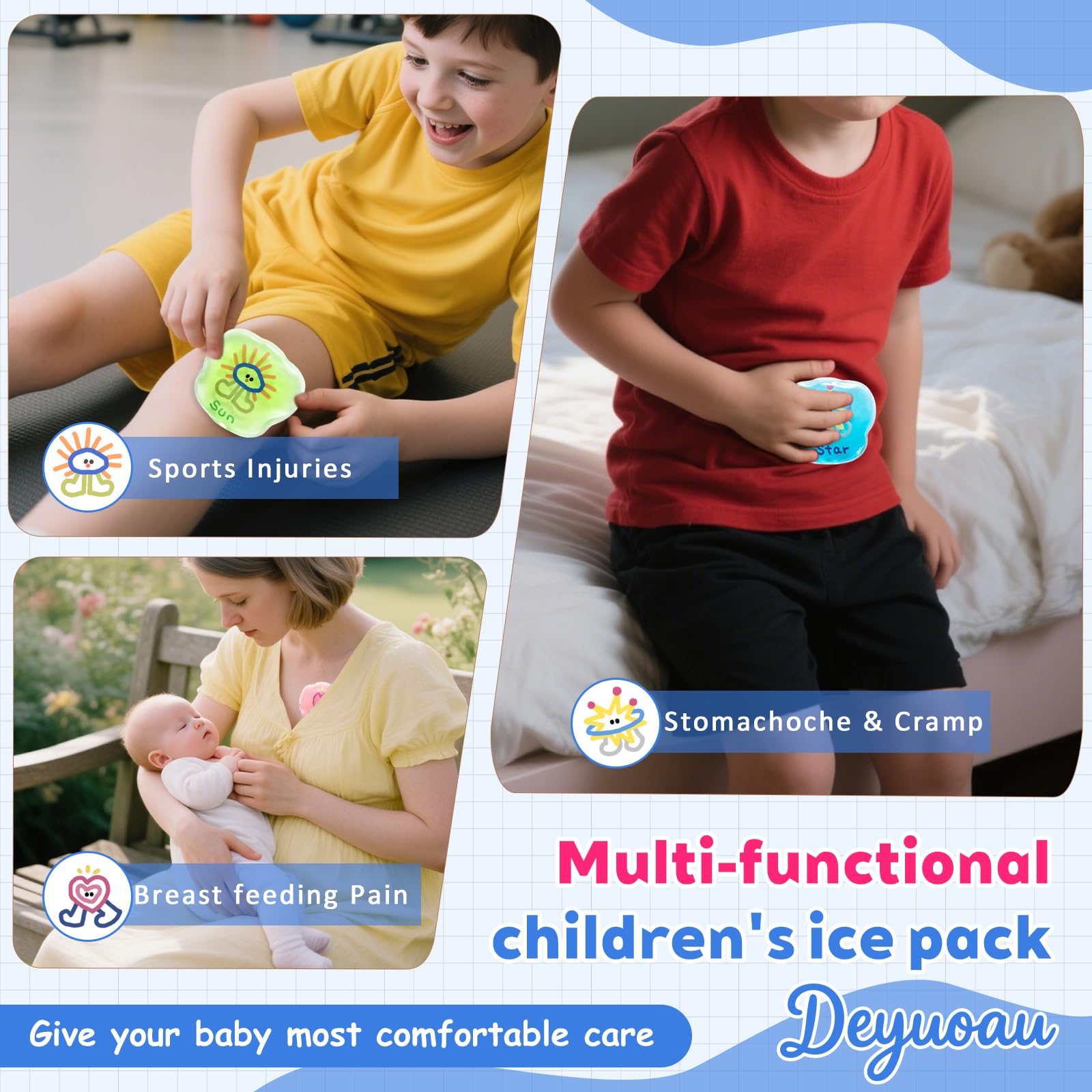 Paquetes LCE para niños para Boo Boos, reutilizables para niños y bebés, compresas frías y calientes para aliviar el dolor corporal, golpes, fiebre de moretones, primeros auxilios, paquete de 4