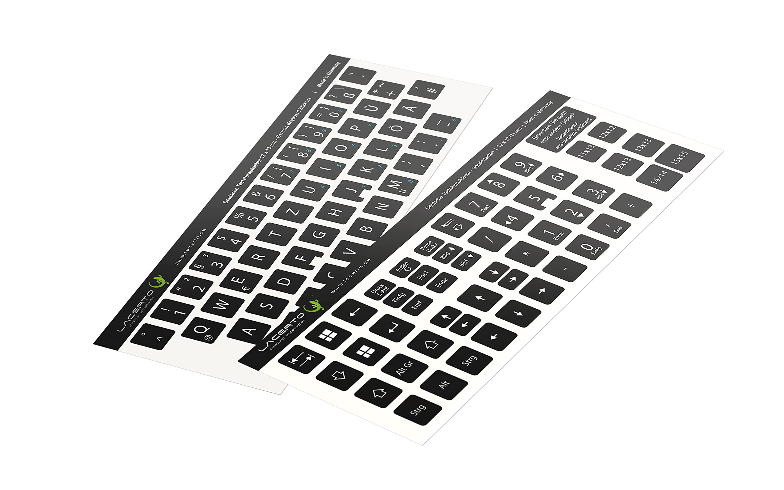 Lacerto® | 12x13mm - Deutsches Aufkleberset für PC & Laptop Tastaturen inkl. Zusatztasten & Ziffernblock | Farbe: Schwarz