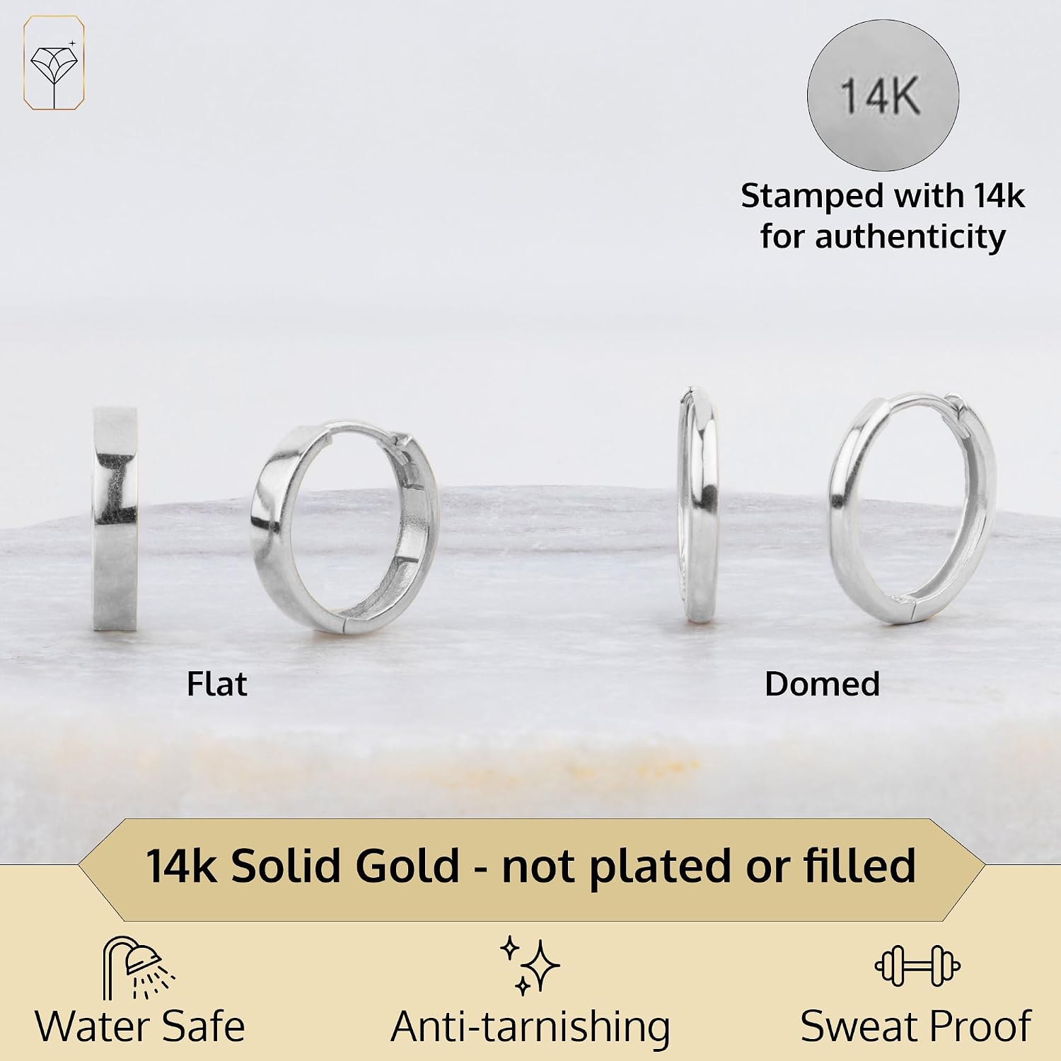 14K Solid White Gold Huggie Earrings for Women | Hypoallergenic Domed or Flat Style Small Hoop Earrings in Sizes 10mm, 12mm & 14mm | Small Gold Hoops for Men & Women by MAX + STONE