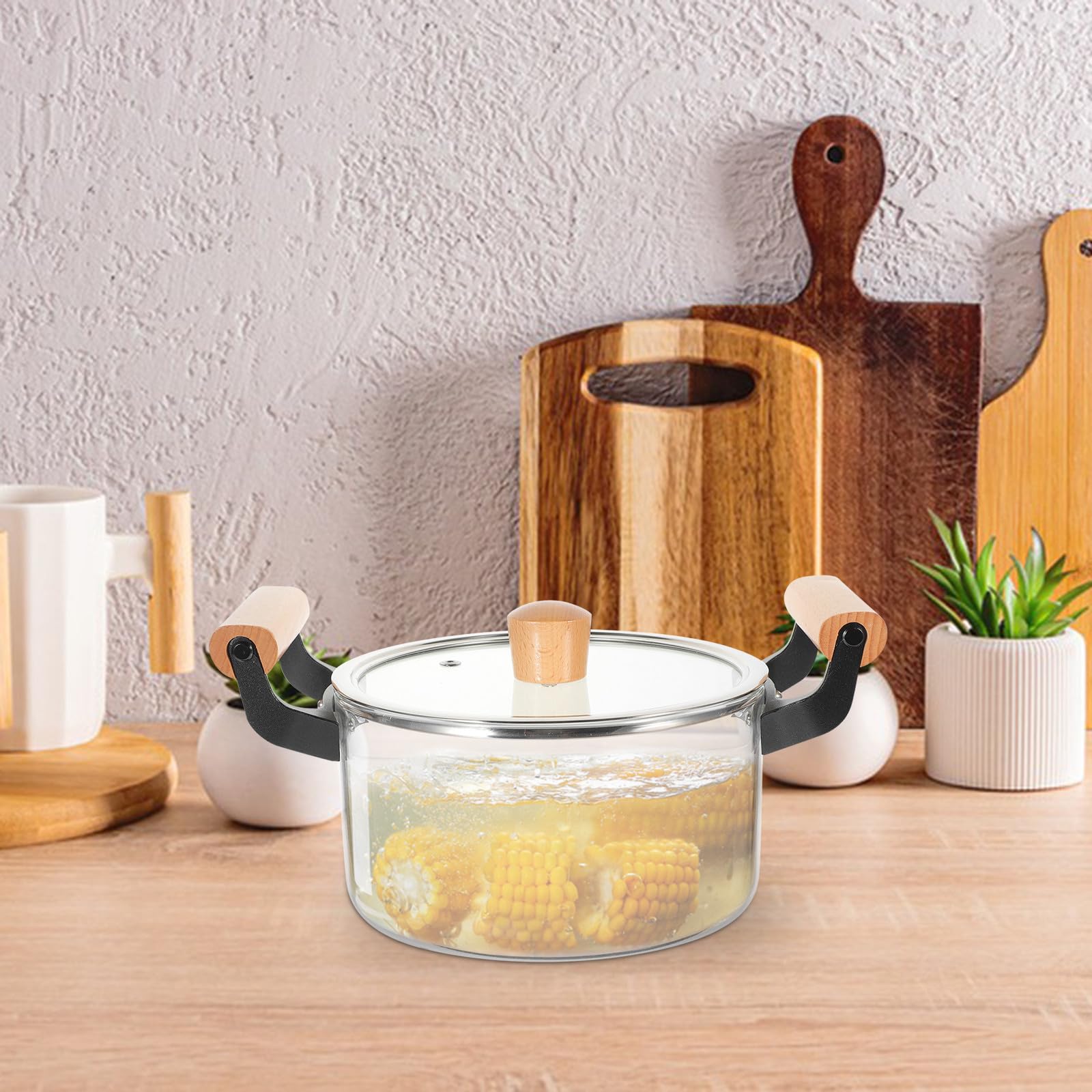 Transparenter Glas suppentopf Hitzebeständig für Herd und Gas Kochfester Glaskochtopf mit Holzgriffen Vielseitiger Topf für Suppe Brei Nudeln und Gemüse im Haushalt