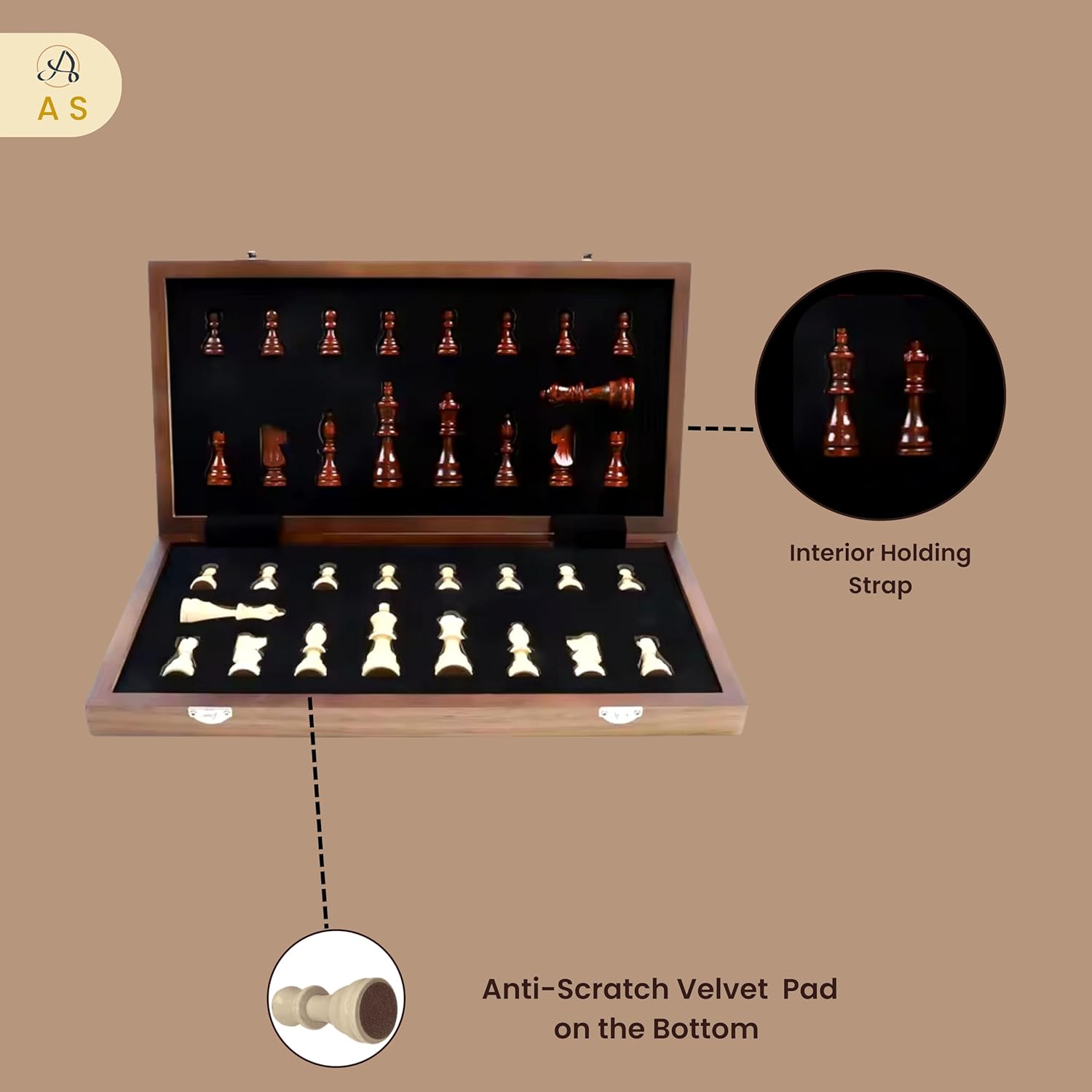 AS Chess Board for Adult | Wooden Walnut Chess & Checkers Set - Chess Board Game | Foldable -15 Inch - 2 Extra Queens | Magnetic Chess Game with Storage Slot | Travel Unique Portable (Walnut 15 inch)