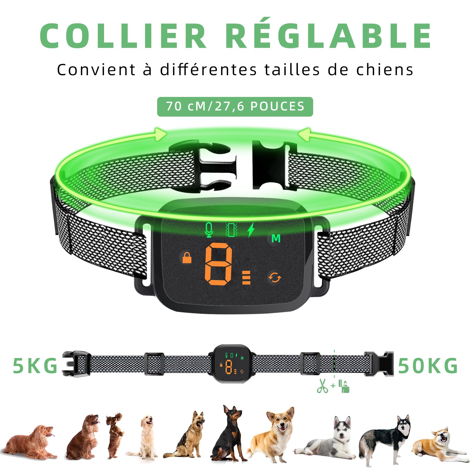 Collier Anti Aboiement Chien, 4 Modes, pour Petits et Grands Chiens, Noir | Son, Vibration, Choc Électrique, Sensibilité Réglable sur 8 Niveaux, Rechargeable, Contrôle Intelligent, Étanche IP67