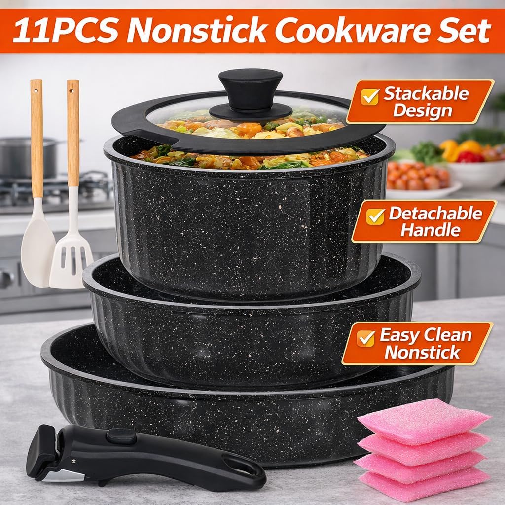 Vivicreate 11 Piece Pots and Pans Set Nonstick with Removable Handle, Induction Cookware, Stackable Kitchen Set for RV Camping Apartment, Frying Pan and Saucepan (Black)