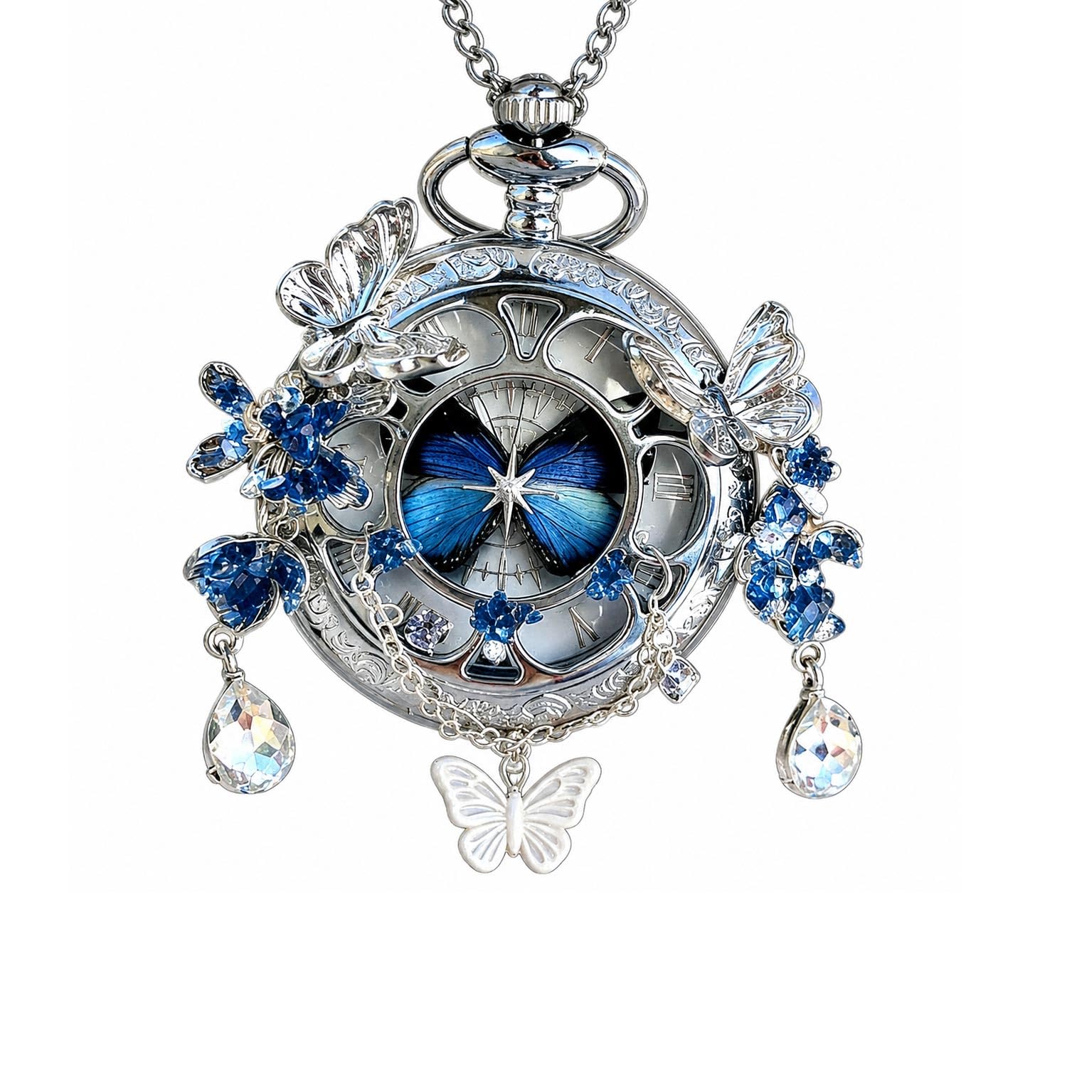Schmetterling Taschenuhr Anhänger Silber Innen rotierendes Exemplar mit römischen Ziffern Einzigartiges Vintage Insekt Schmuck Geschenk Damen Anhänger