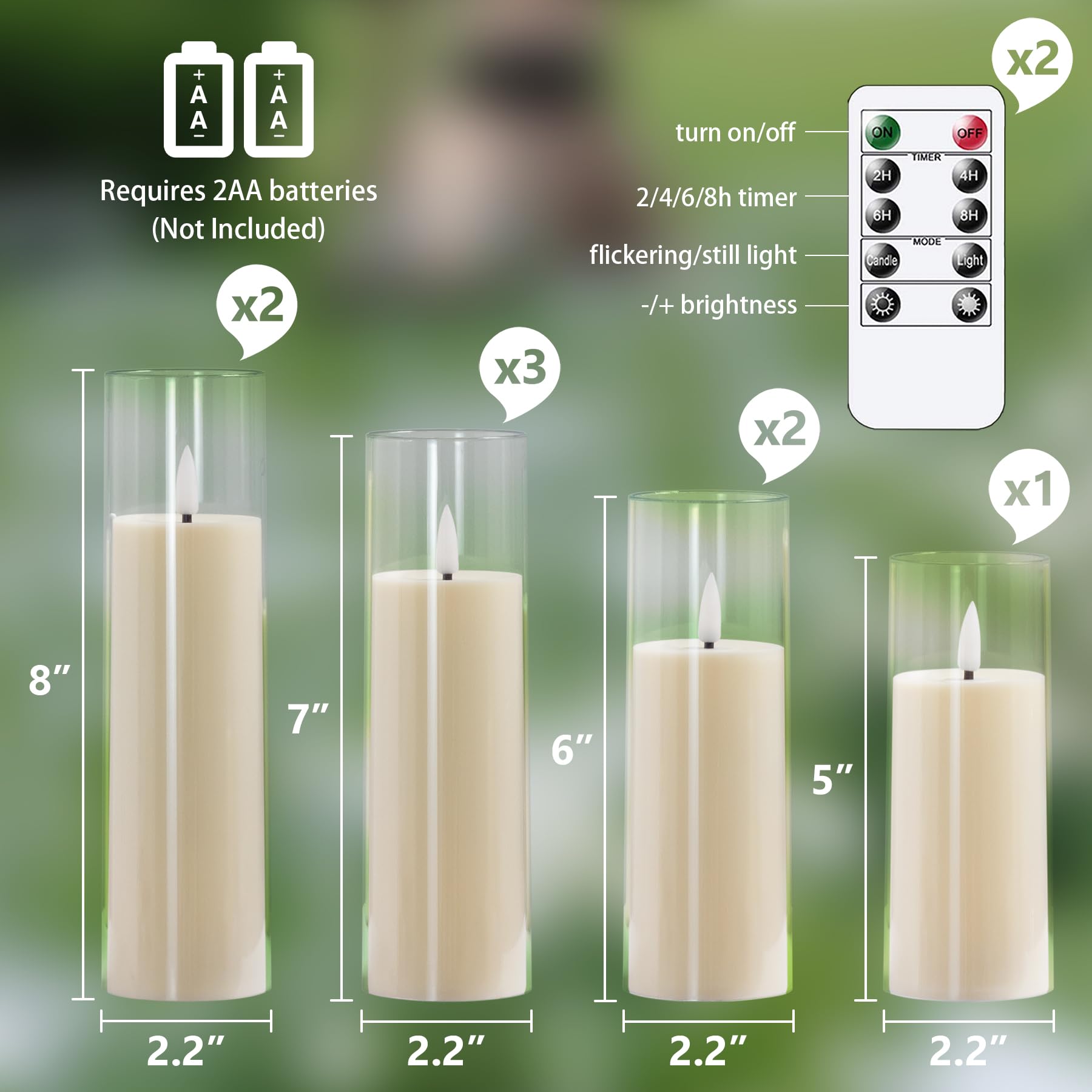 Confezione da 8 candele LED in plastica avorio senza fiamma 5,5 cm x12,5 15 17,5 17,5 20 20 cm con telecomando, candele sfarfallanti a batteria con Temporizzazione