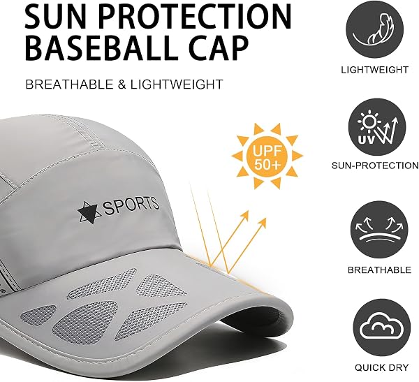 Casquette de Baseball Homme Femme, 2 Pcs Casquettes Running de Séchage Rapide Respirantes, Réglable Pliable Légère Anti UV Chapeau Soleil été pour Golf Cyclisme Randonnée Sports D'extérieur - 2