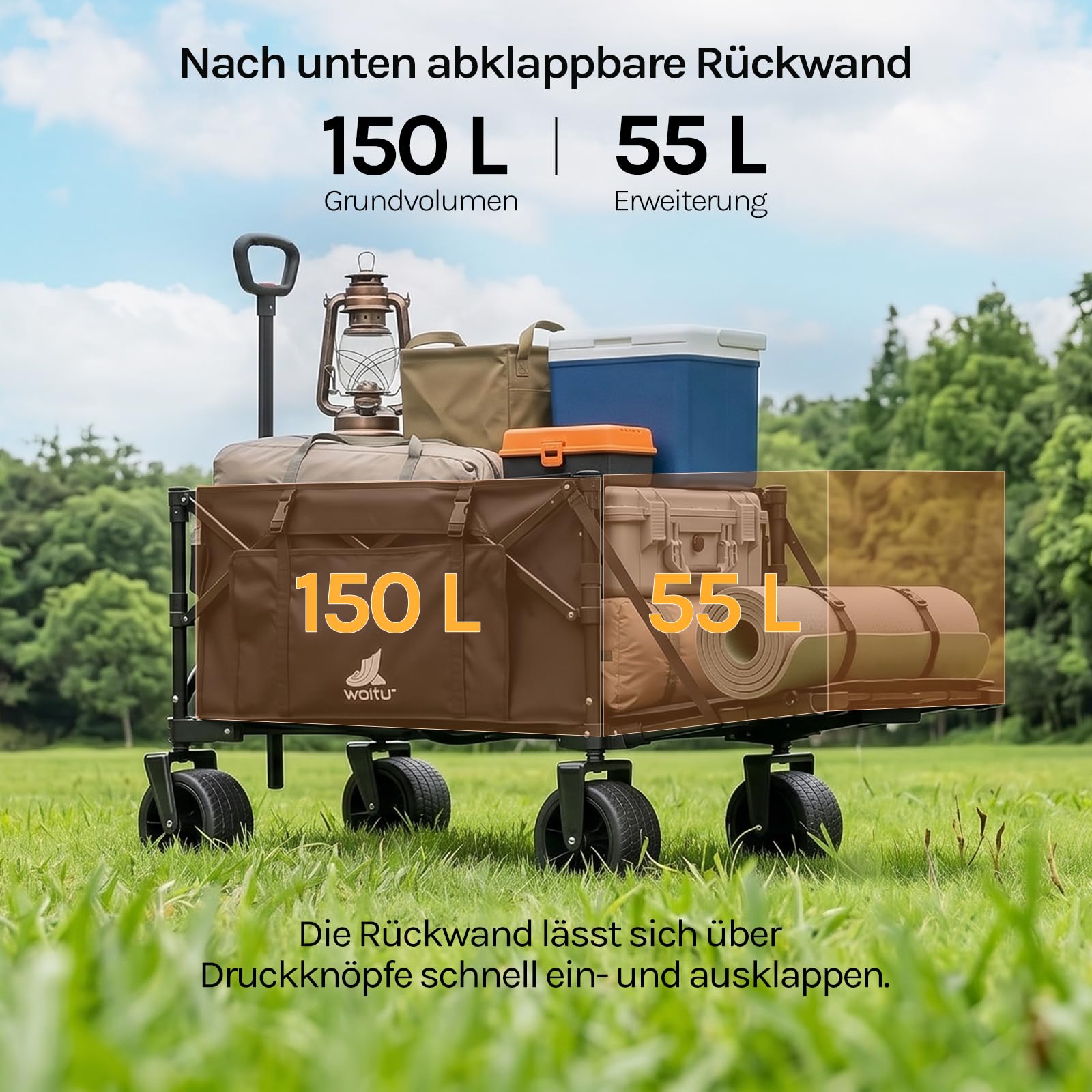 WOLTU Bollerwagen faltbar, Campingwagen 205 L, Tragkraft 180 kg, mit 4 großen Rädern & Seitentasche & 2 Innentaschen & 2 Getränkehaltern, für Camping Strand Garten, Schwarz
