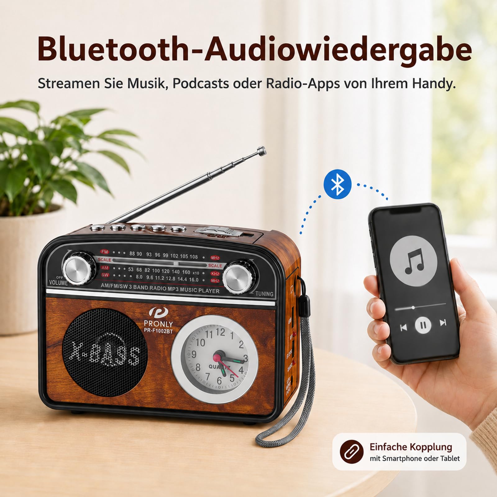 Portable AM/FM Radio mit Bluetooth im Vintage-Stil, Radio Batteriebetrieben mit Uhr & Taschenlampe, USB/TF-Wiedergabe, für Camping, Alltag & Notfälle, Holzoptik (PR-1002BT)