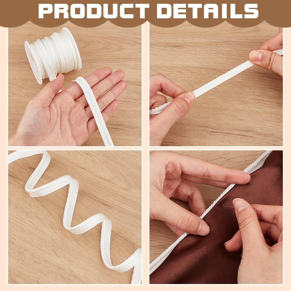 BENECREAT 10 Yard White Piping Cord Trim, 3/8 inch, Polyester Satin Bias Piping Tape, Twist Lip Cord Trim, Upholstery Edge Sewing Piping for Sewing