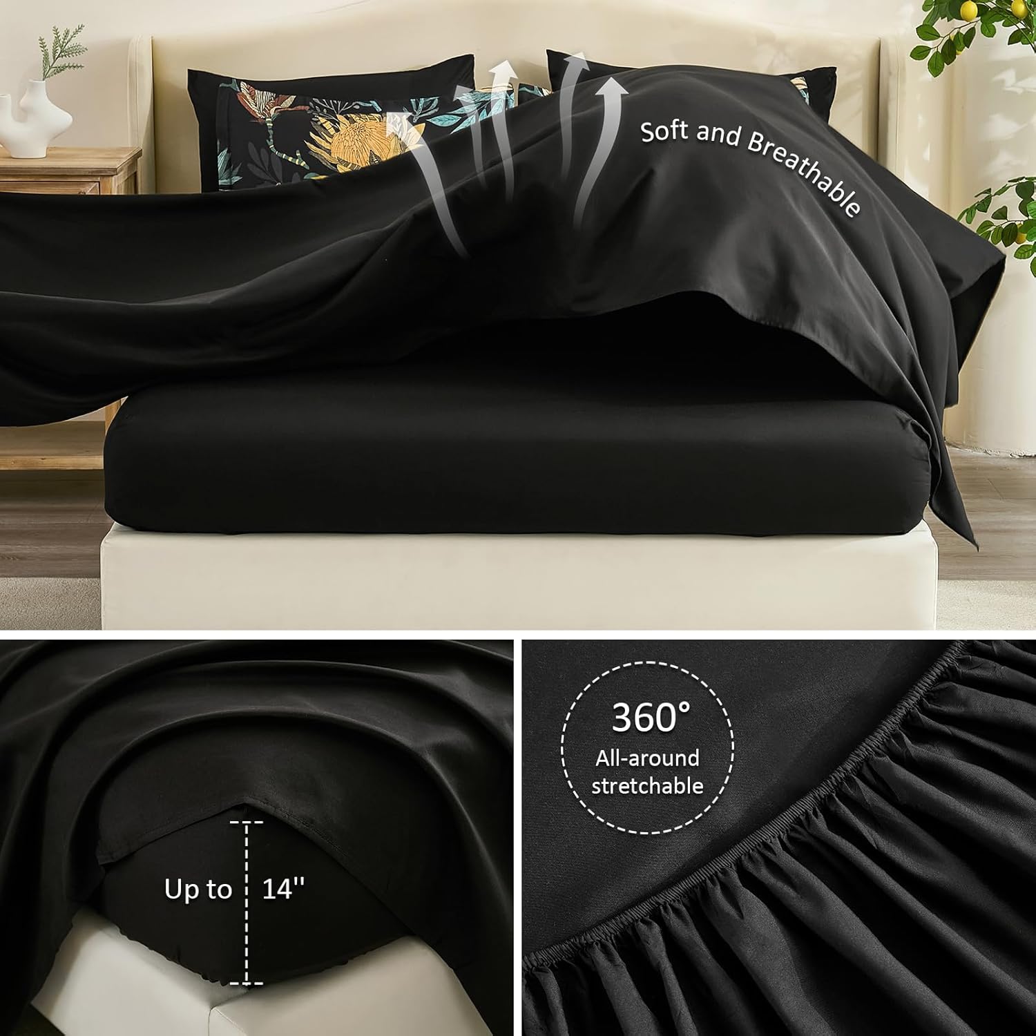 Luxudecor Queen Comforter Set 7 Pieces Bedding Sets, Black Floral Comforter and Sheet Set, Soft Microfiber Bed in a Bag for All Seasons (Black,90"x90") - Image 4