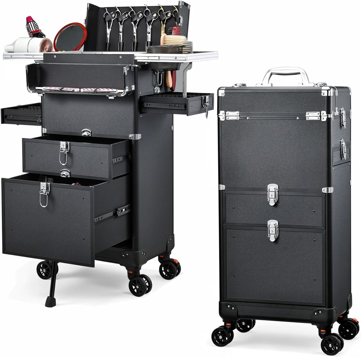 Salon Cart with 4 Drawers, Hair Stylist Cart with Wheels Portable Salon Station with Worktop Tray, Rolling Makeup Train Case Cosmetology Case for Barbering or Hairstyling Service