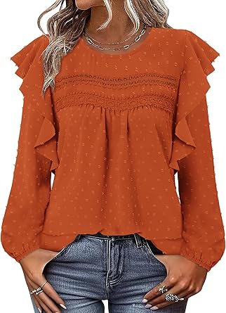 BETTE BOUTIK Womens Boho Fall Long Sleeve Shirts Crewneck Dressy Casual Blouses Trendy Flowy Tops