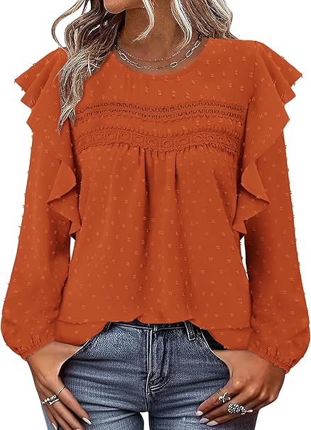 BETTE BOUTIK Womens Boho Fall Long Sleeve Shirts Crewneck Dressy Casual Blouses Trendy Flowy Tops