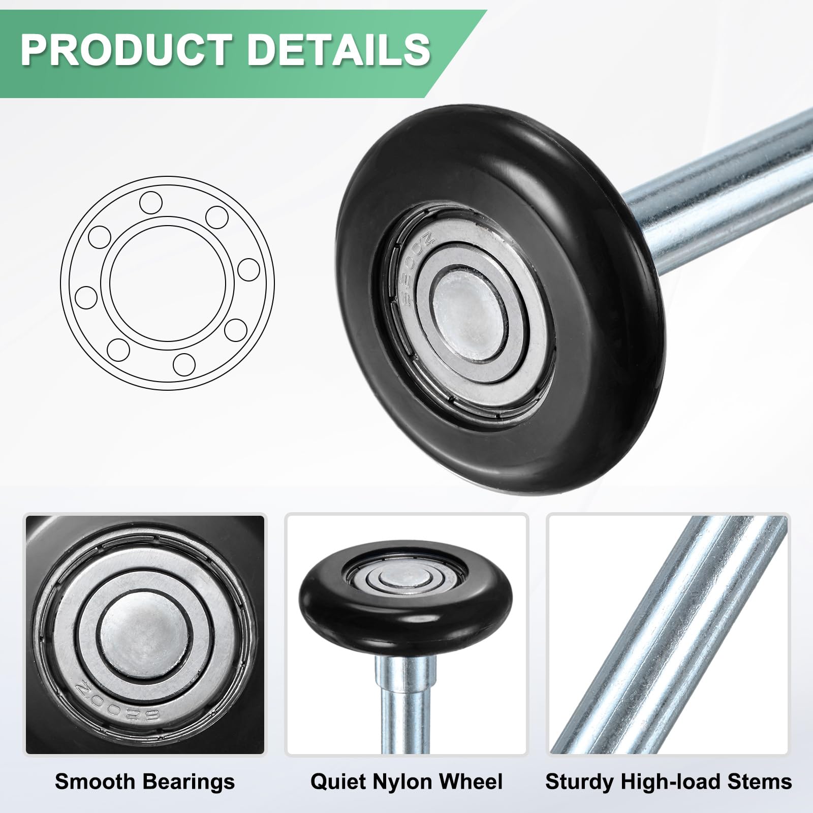 M METERXITY 2-Pack Nylon Garage Door Rollers, 1.8"/ 46mm Quiet Garage Door Wheels 190 Mm/ 7.48" Stem - Image 2