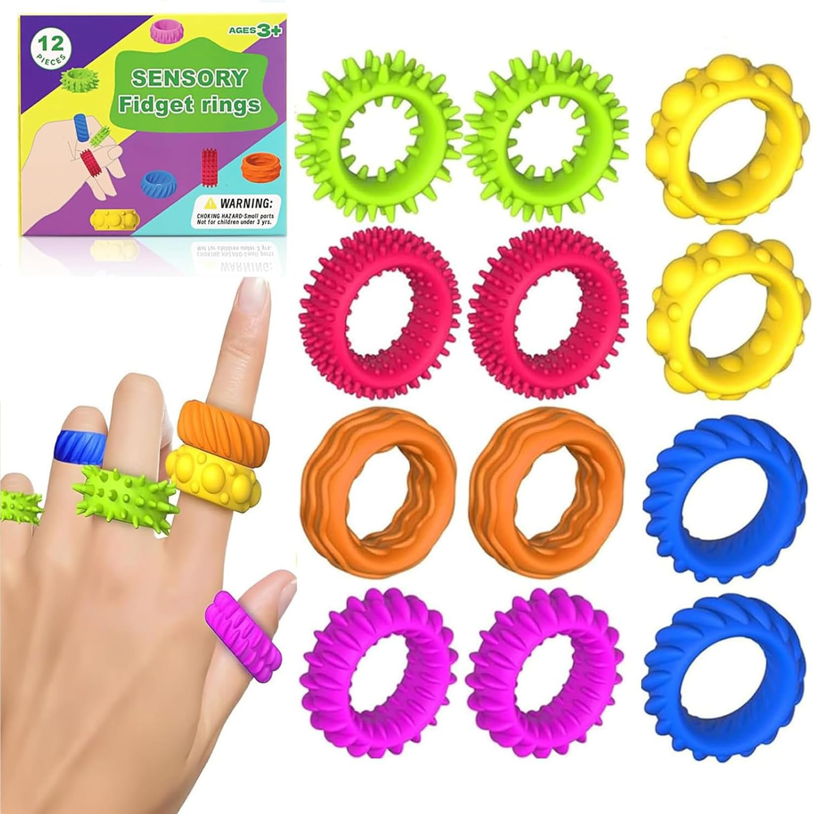 12 sztuk Fidget Ring Toys zabawki antystresowe, sensoryczne, autyzm, redukujące stres, zabawne i uspokajające pierścienie do masażu palców, pierścienie do akupresury