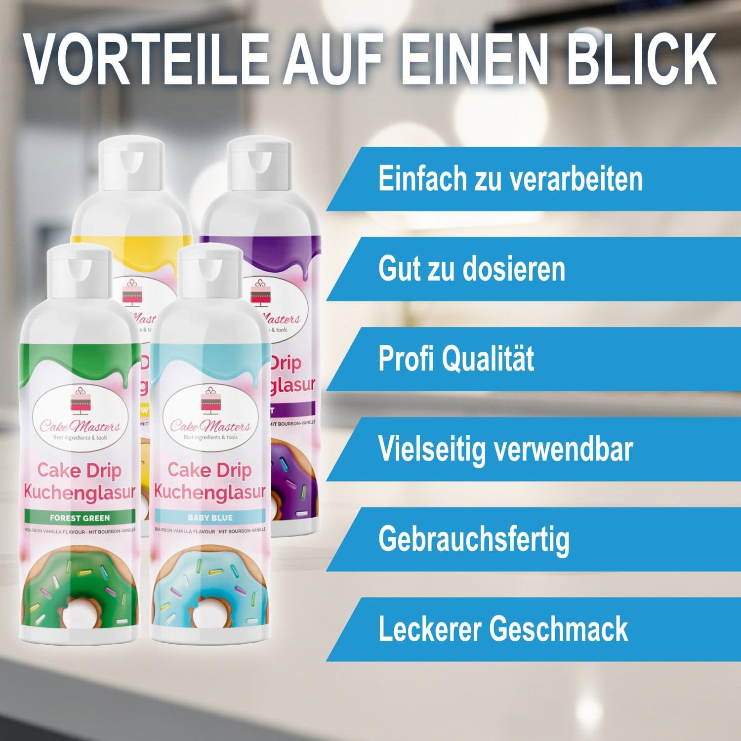 AOS Set | Cake Drip Candy & Fun 4er Set 4x 250g | Grün, Hellblau, Gelb, Lila | Vanille Geschmack | perfekt für Glasuren von Kuchen, Cupcakes, Kekse | wiederverschließbare Qutschflaschen