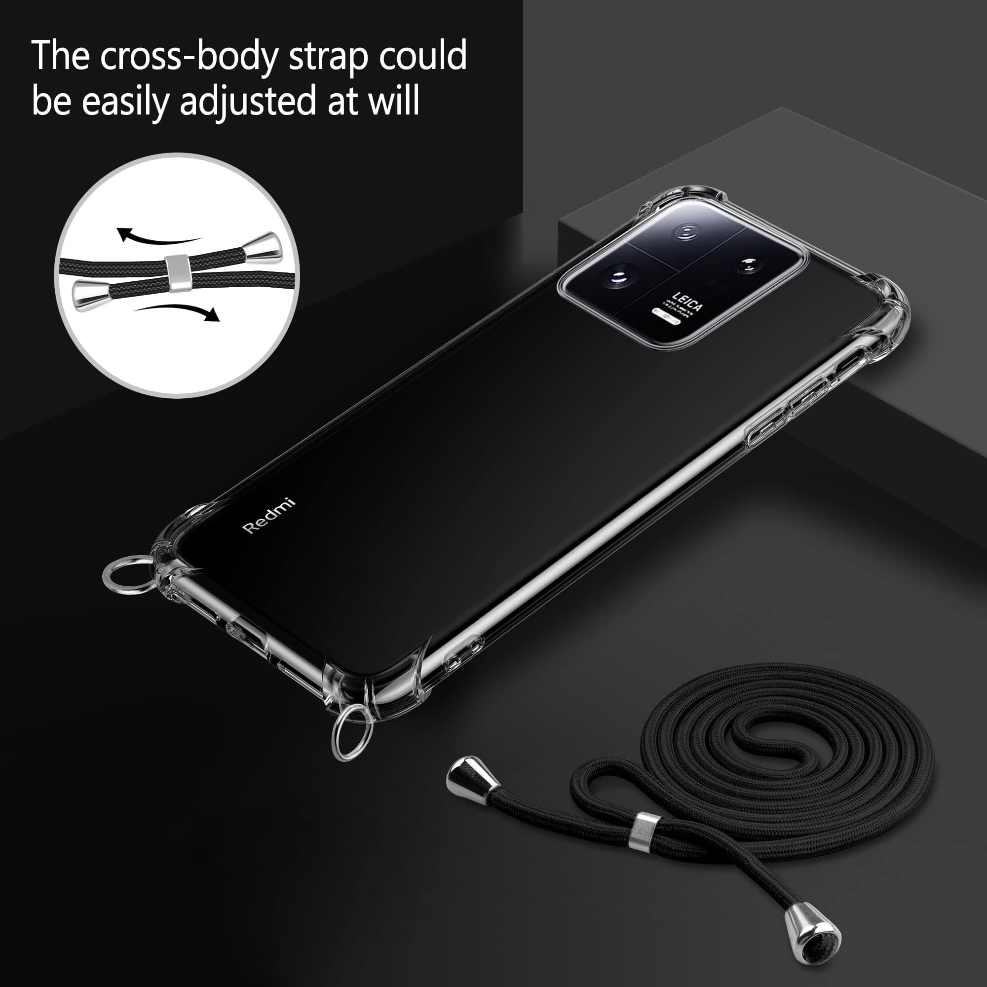 Handyhülle Mit Kette Für Xiaomi 13T / 13T Pro – Transparent, Schwarz, Stoßfest, Mit Verstellbarem Umhängeband